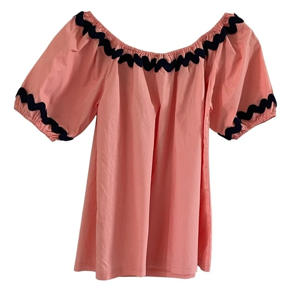 Smith & Quinn Top Womens Small Pink Navy Ric Rac Off Shoulder New Cotton Blouse - Picture 4 of 13